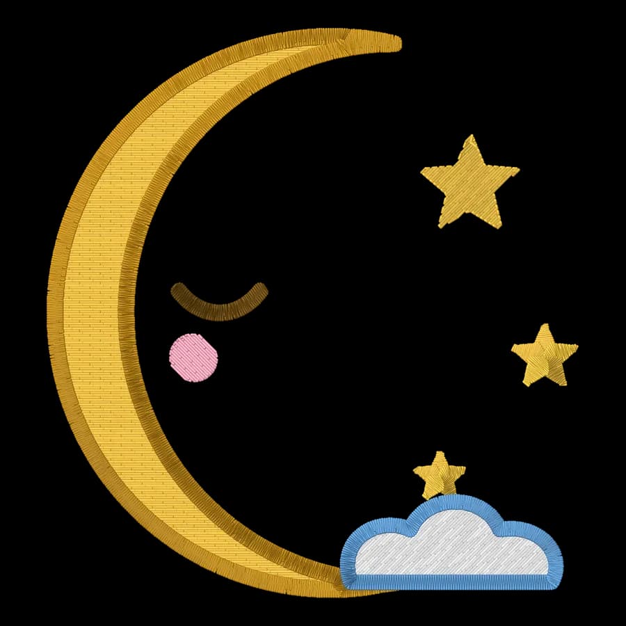 Sleepy moon machine embroidery design, stitched