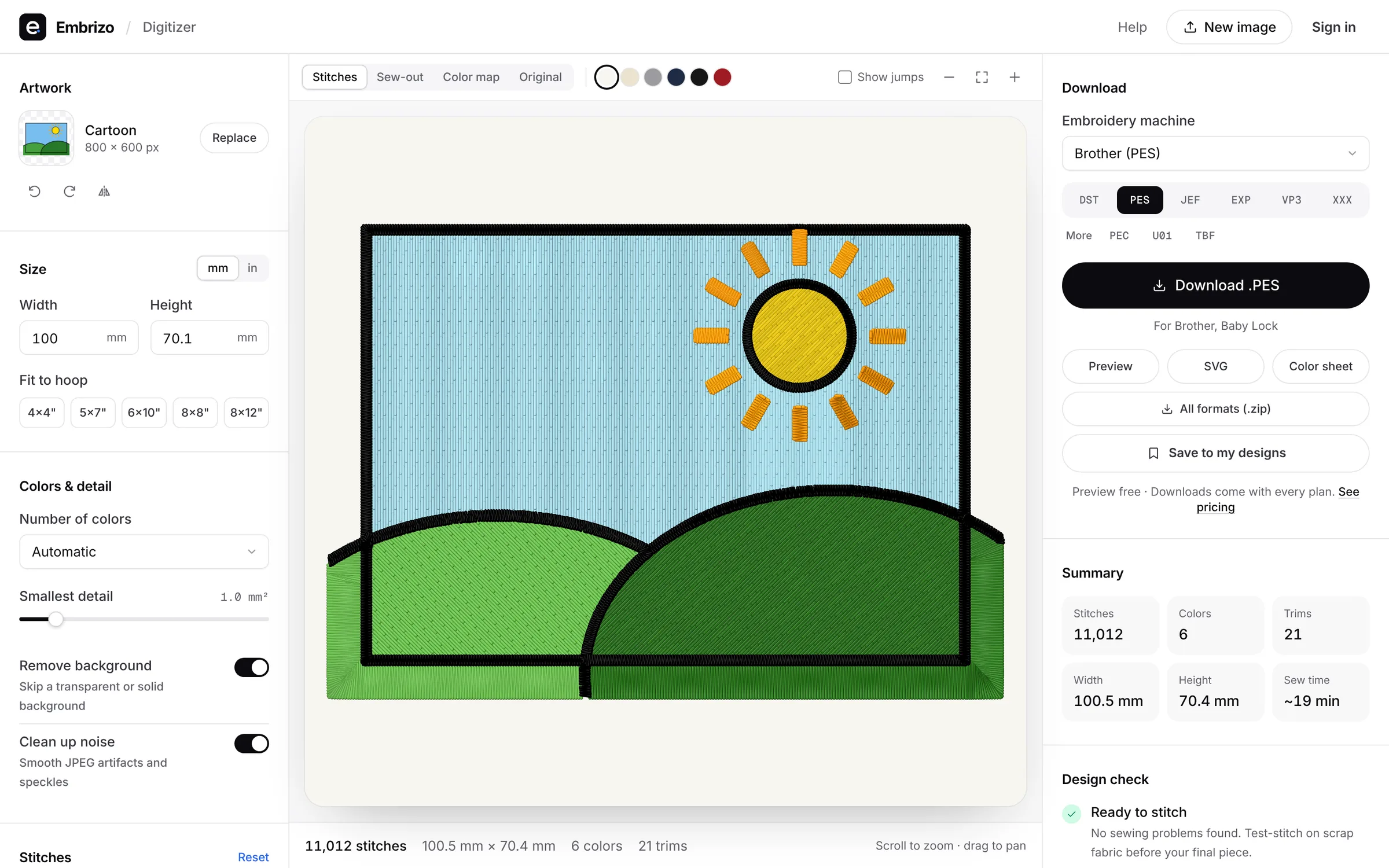 The Embrizo editor showing a cartoon landscape converted to embroidery stitches, with download options, a stitch summary and a design check