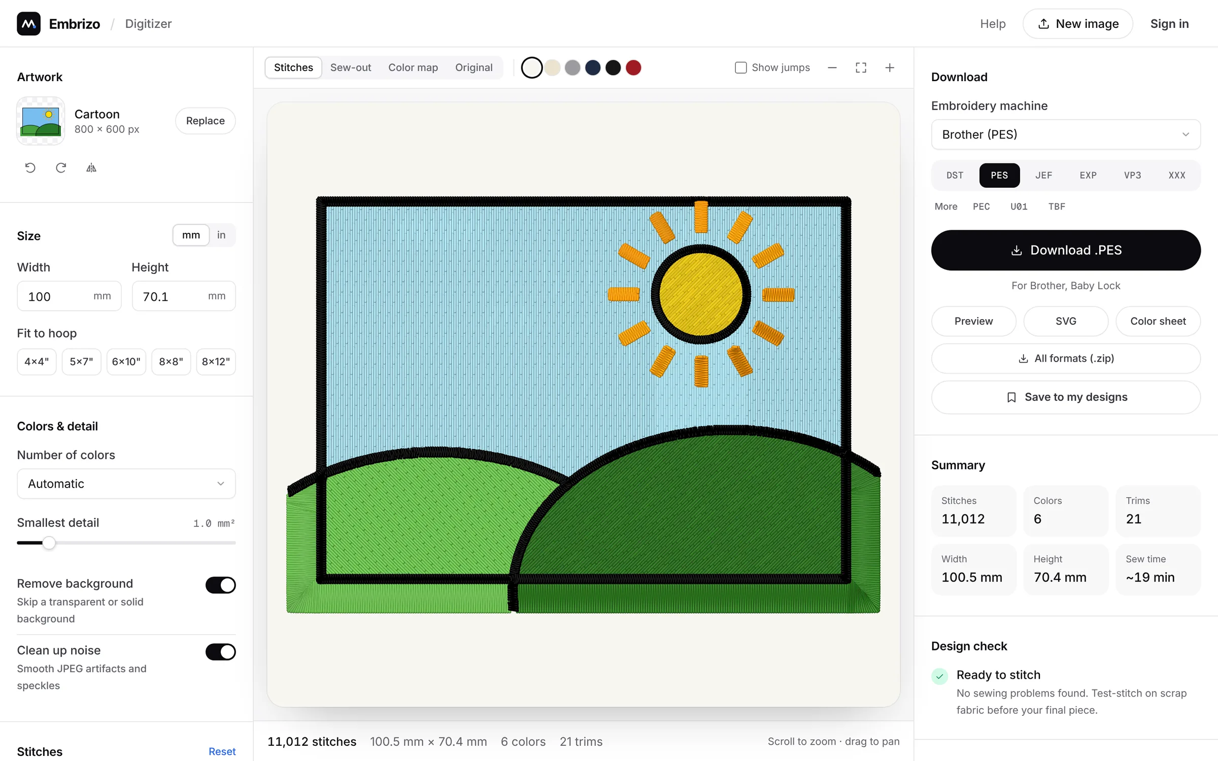 The digitizer editor showing a cartoon landscape converted to embroidery stitches, with download options, a stitch summary and a design check