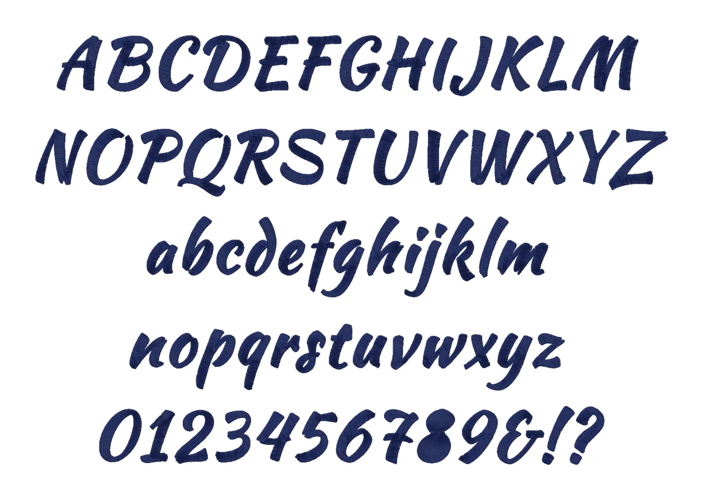 Brush embroidery font alphabet: capitals, lowercase, numbers and symbols, stitched