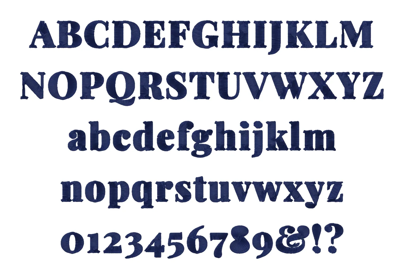 Classic embroidery font alphabet: capitals, lowercase, numbers and symbols, stitched