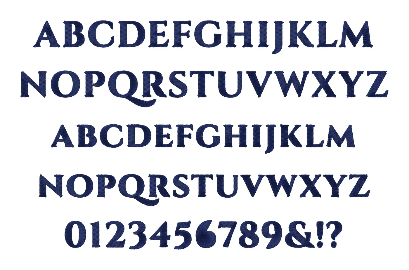 Roman embroidery font alphabet: capitals, lowercase, numbers and symbols, stitched