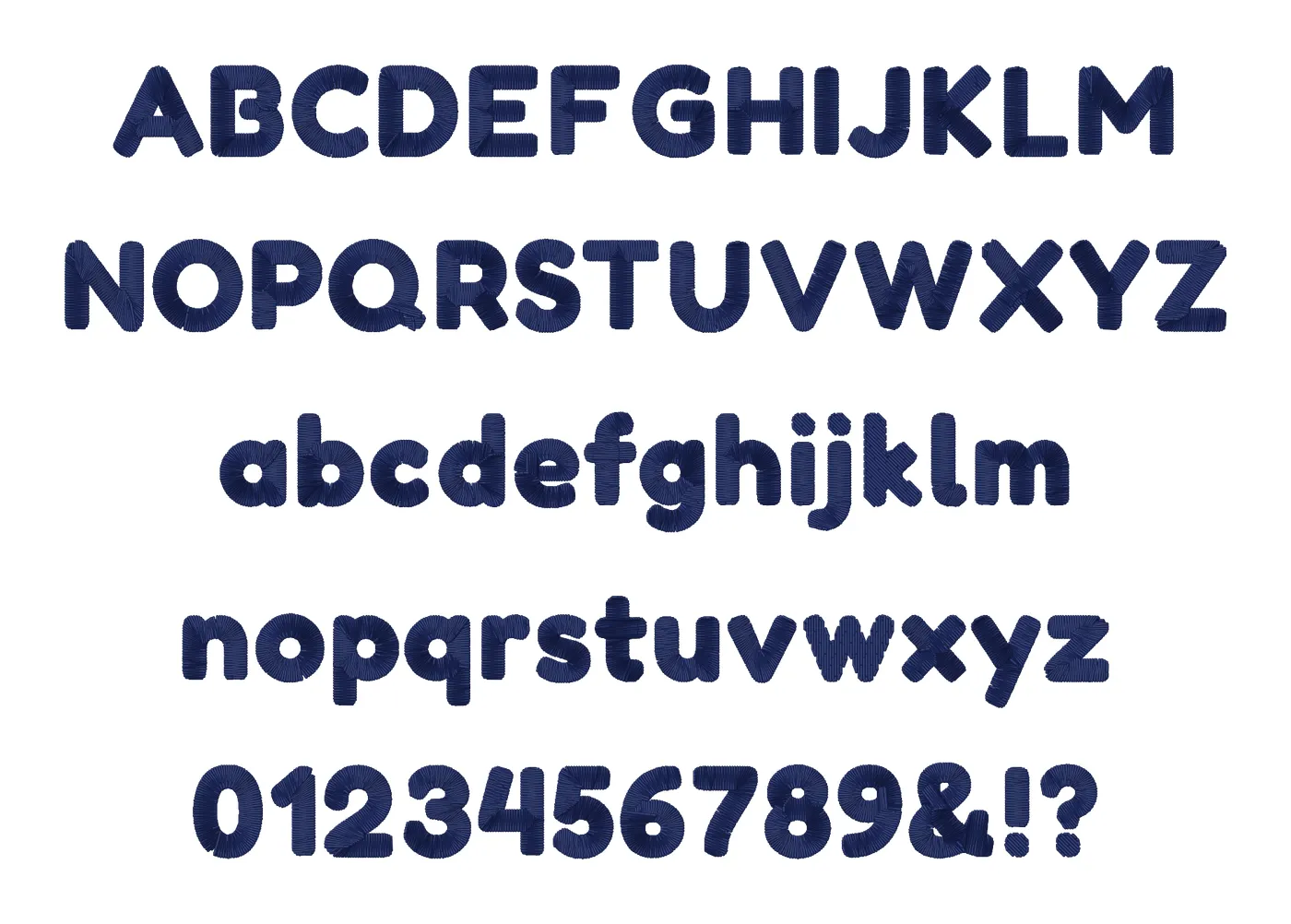 Rounded embroidery font alphabet: capitals, lowercase, numbers and symbols, stitched