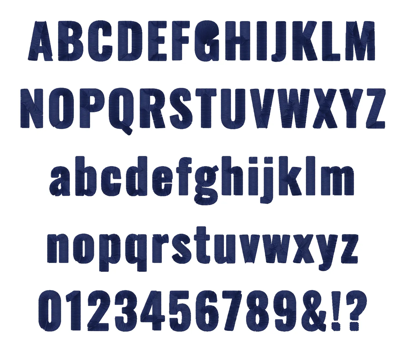 Sport embroidery font alphabet: capitals, lowercase, numbers and symbols, stitched