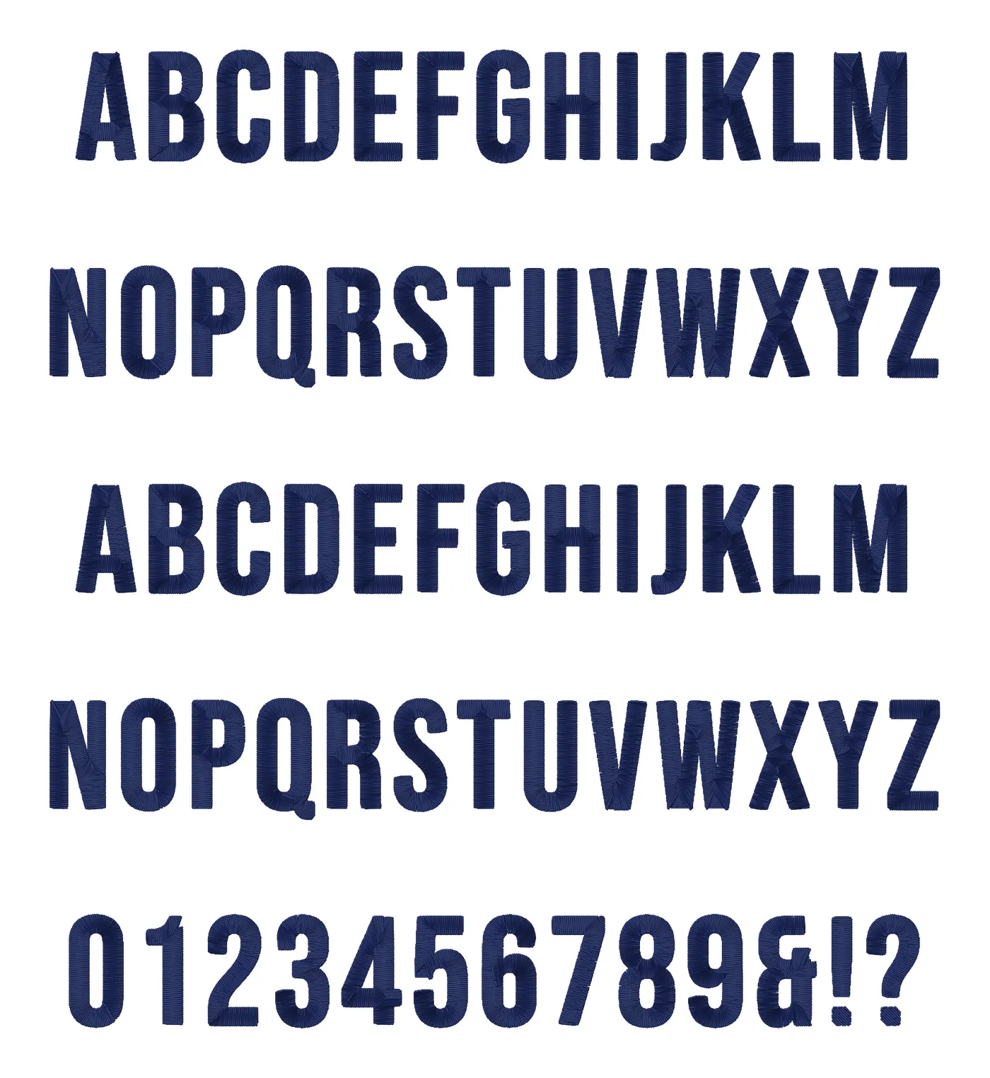 Tall embroidery font alphabet: capitals, lowercase, numbers and symbols, stitched