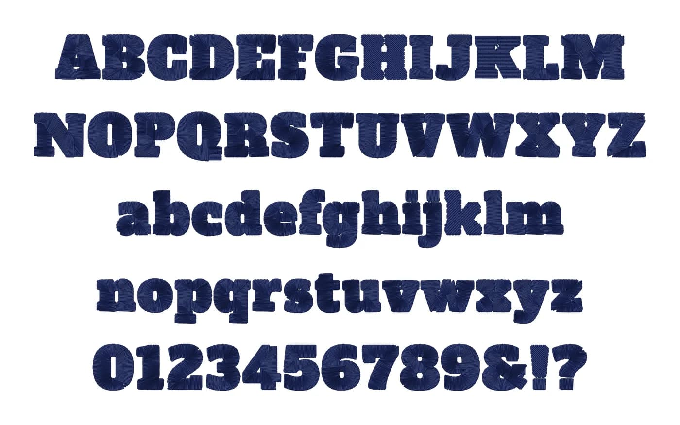 Varsity embroidery font alphabet: capitals, lowercase, numbers and symbols, stitched