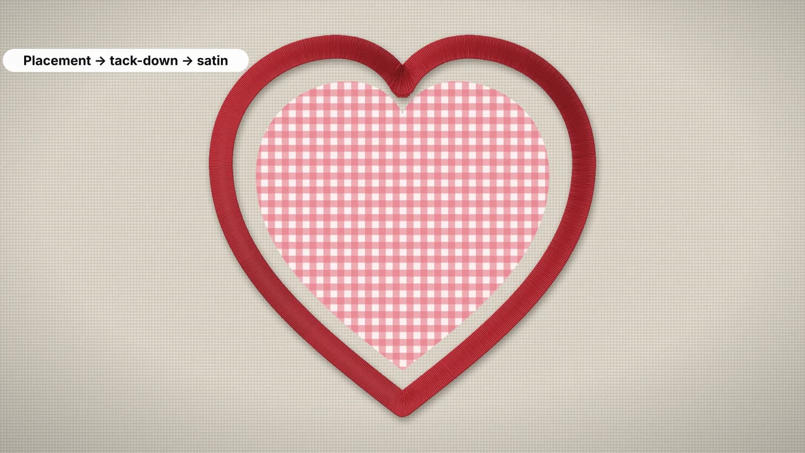 A fabric appliqué heart with a satin-stitched border on a cotton background