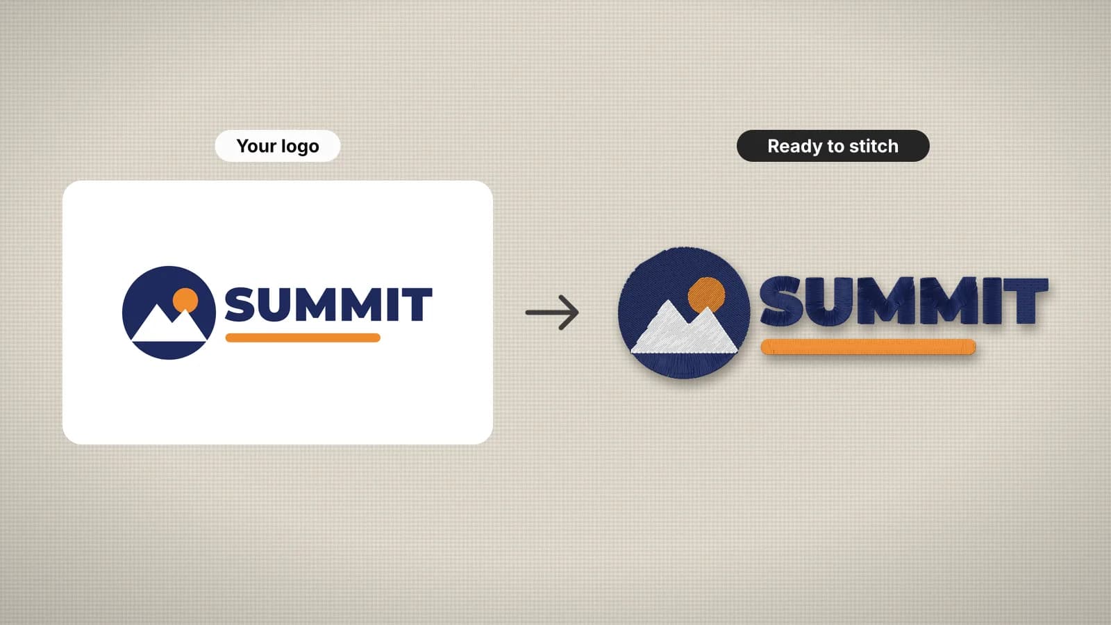 A logo's artwork beside its embroidery stitches, digitized in seconds