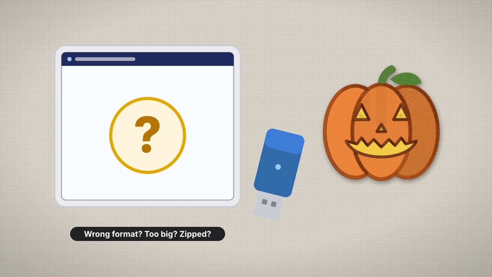 An embroidery machine screen with a question mark beside a USB stick and a stitched jack-o'-lantern