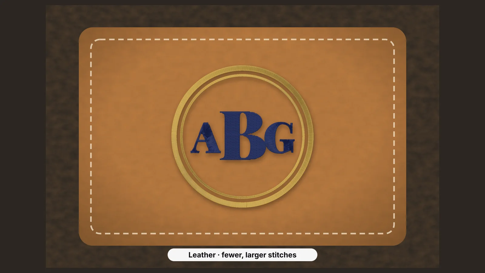 A piece of tan leather with an embroidered monogram