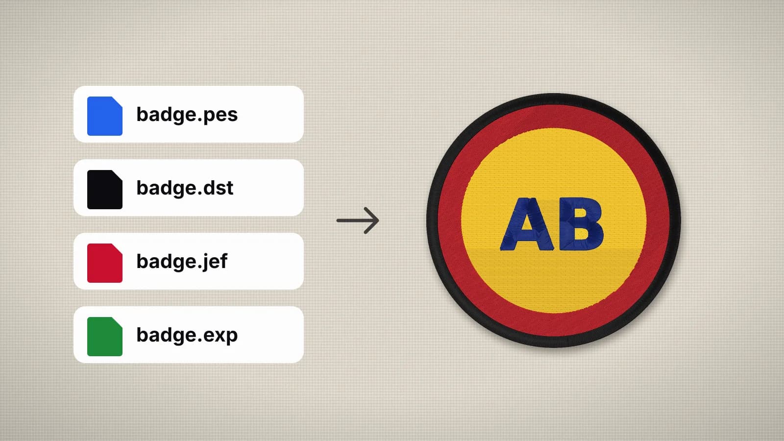A stitched badge design on fabric surrounded by PES, DST, JEF and EXP file labels