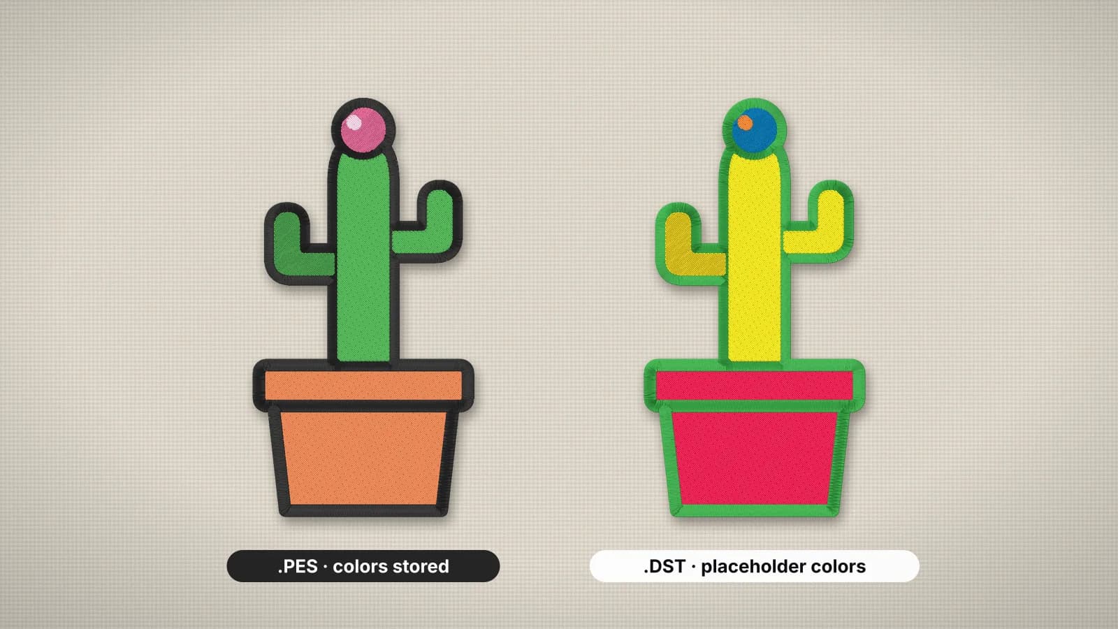 One design as a PES file with its thread colors and as a DST file with placeholder colors