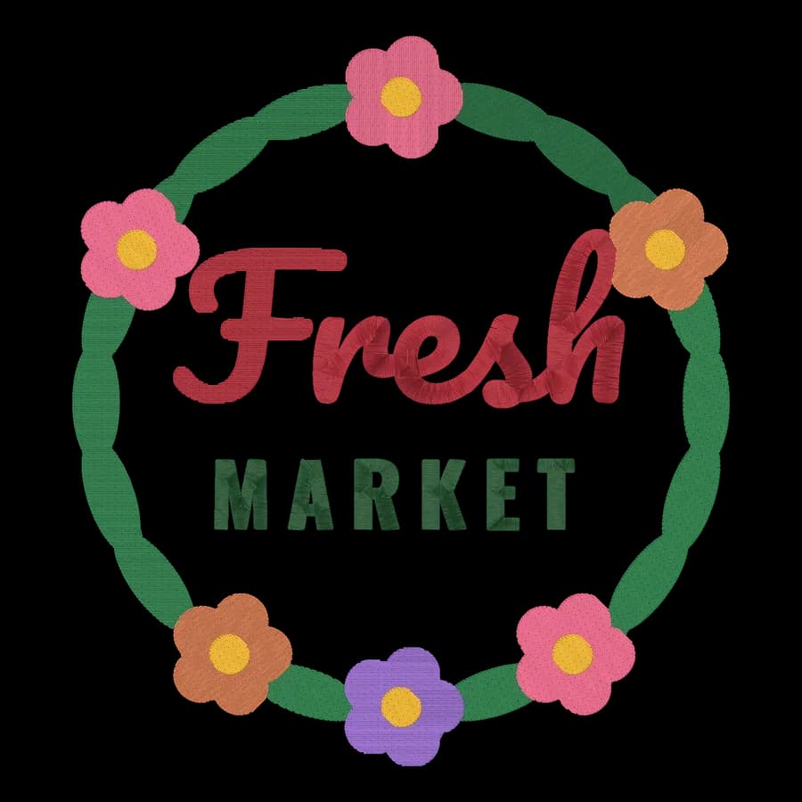 The floral market wreath digitized into embroidery stitches